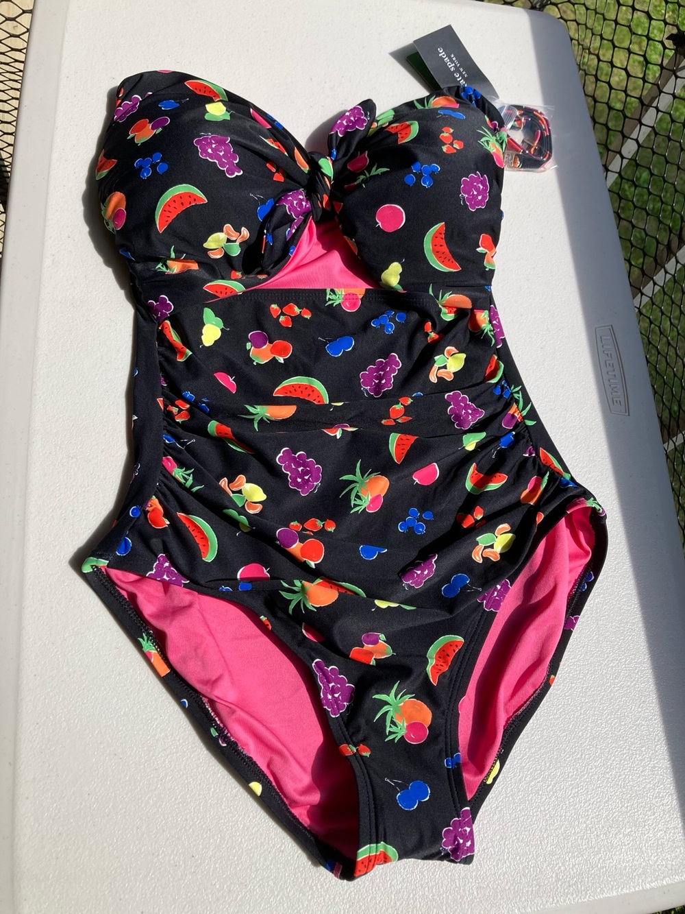 Kate Spade Black One Piece Swimsuit Colorful Fruit Print Bathing Suit NEW
